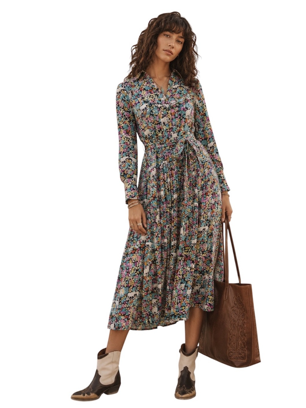 J. Crew Mountain Ram Goat Floral Button-Front Midi Dress in Blue and Green Mix